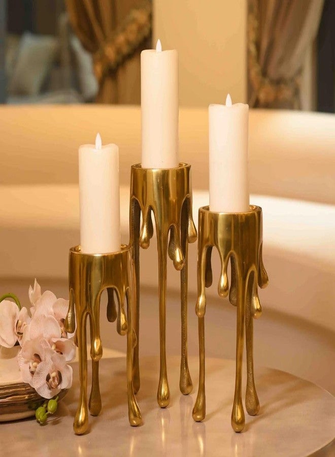 ZOVE Luxurious Gold Drip Design Aluminium Metal Candle Holder Set (Set of 3) - Modern Decorative Stand for Pillar Candles | Home, Living Room & Table Decor - Image 1